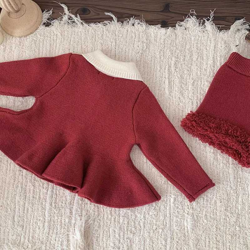 Baby Clothing Knit Set Spring Autumn New Christmas Knitted Girls Sweater Suit Knitted Tops+PP Short Sweet Two Piece Suit W241213