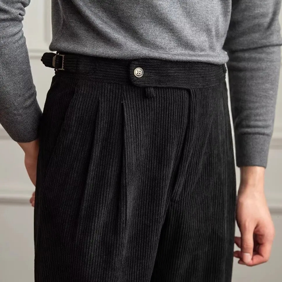British Style Corduroy Naples Pants For Men Vintage Adjustable Belt Ribbed Straight Trouser Fall Slim Casual Suit Pant 241213