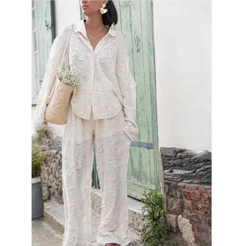 Women's Two Piece Pants JINIA Trendy Flower Jacquard Two-Piece Sets Women Elegant Long Slves Shirt Wide Leg Pants Suits 2024 Office Ladies Strtwe