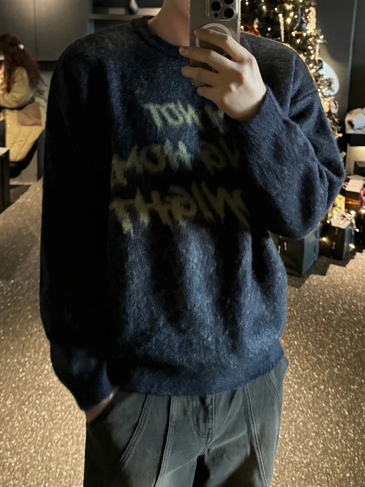 Korean Style Mens Mohair Sweaters Casual Round Collar Letter Print Loose Pullover Tops Trendy Male Knits Winter 241213