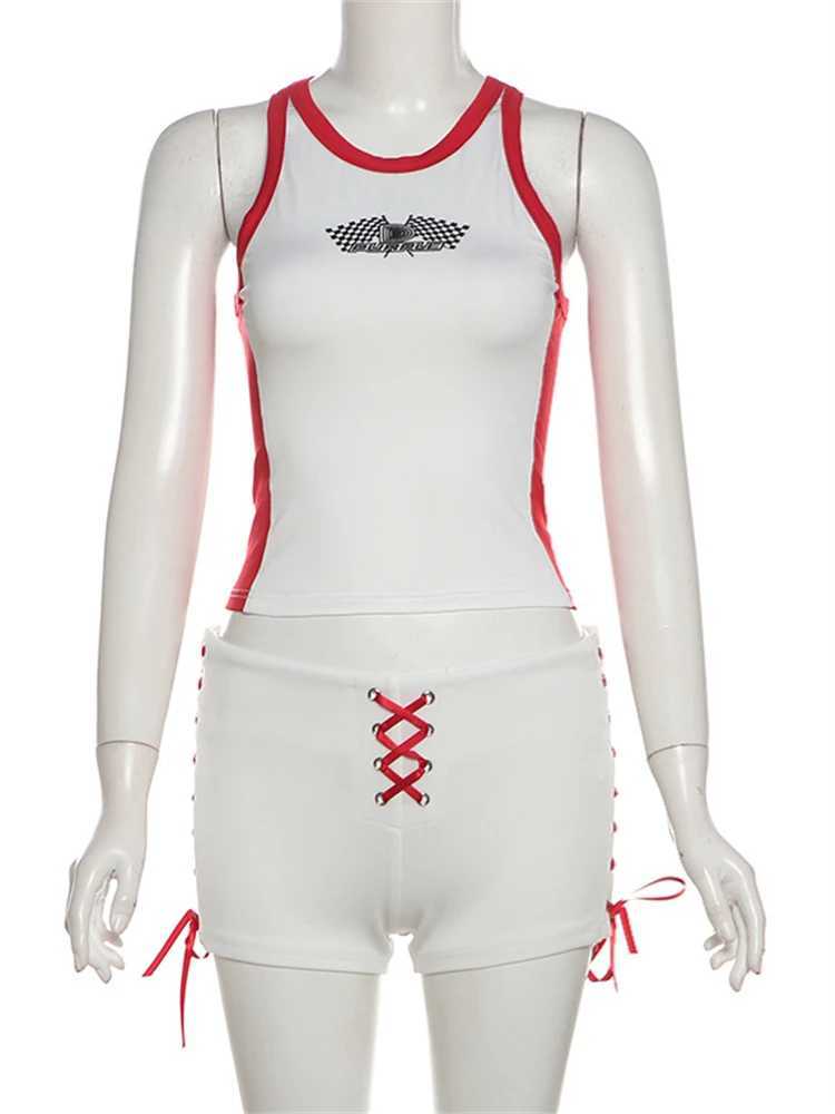 Women's Two Piece Pants WLWXR Summer Casual Sporty 2 Piece Set Women Outfits 2024 Letter Graphic Contrast Tank Top And Cross Straps Shorts Matchi