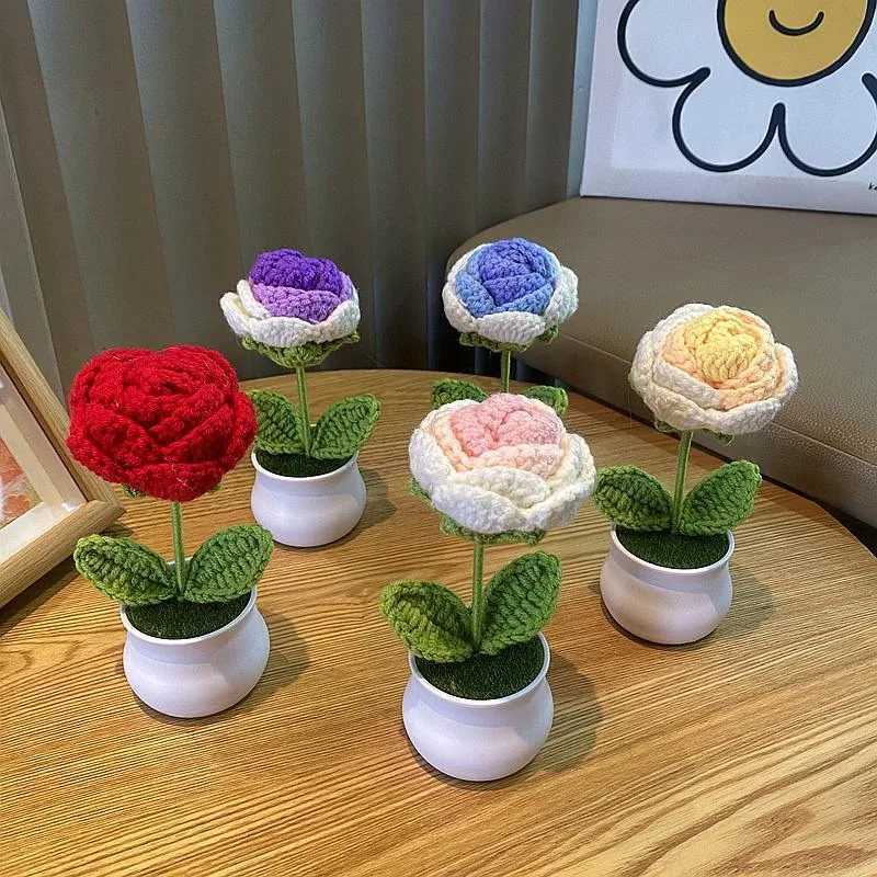 DIY Handwoven Mini Potted Flower Rose Office Desktop Ornamental Potted Plants Woolen Thread Finished Product Home DecorationXJ241212