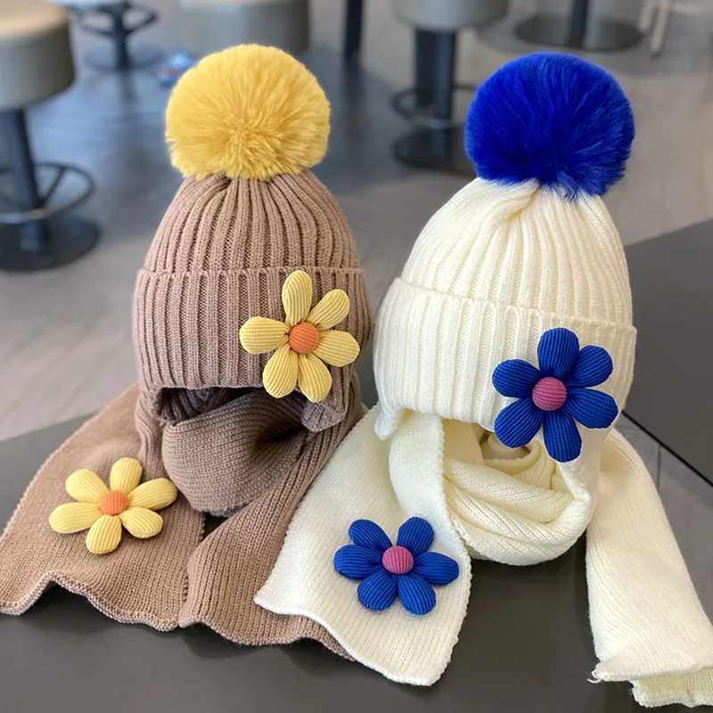 12 Colors Winter Girls Warm Cute Flower Knitted Hats Children Outdoor Beanie Hat with Scarf Kids Cap Headwear Accessories 2-5YXJ241213