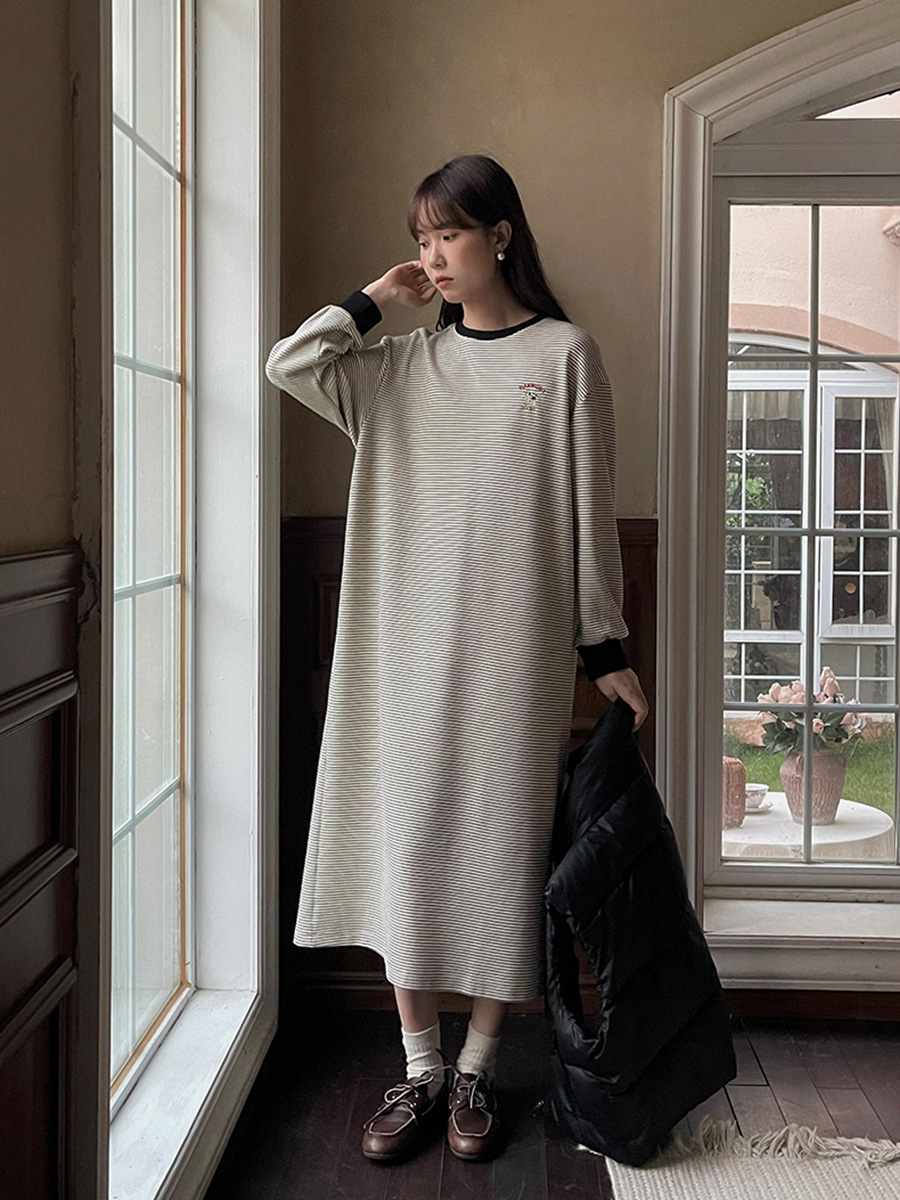 T761 Retro Striped Sweater Dress Women's Winter New Midi Dress