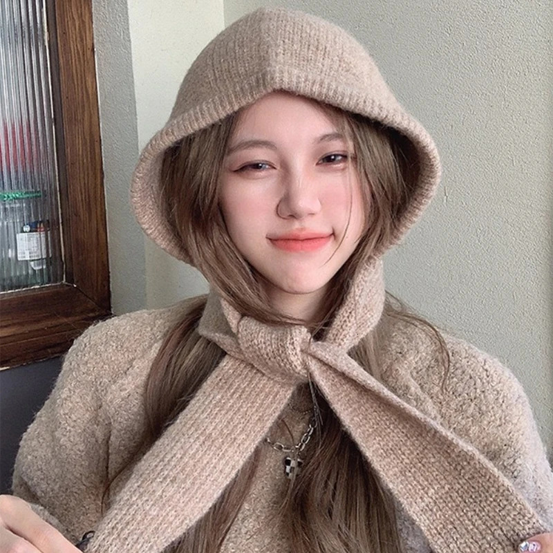 Zipper Knitted Hat Winter Warm Button Wool Hoodie Scarf Ski Riding Windproof Hat Warm Casual Plush Hat Wool Girl 241205