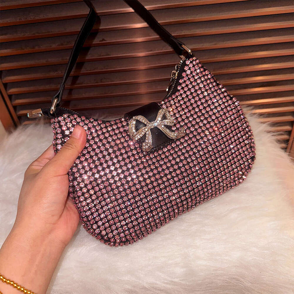 Luxury designer diamond studded women's armpit niche sparkling rhinestone dinner bag, cute bow handbag