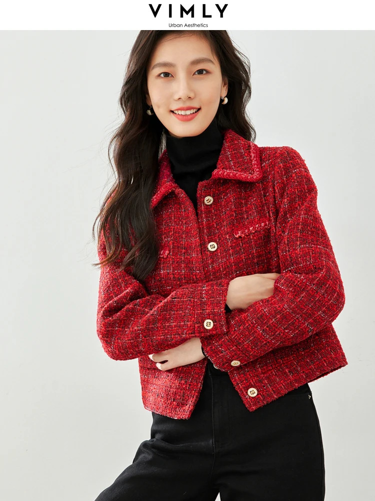 Vimly Winter Red Tweed jacket is suitable for womens office and womens workwear business jacket long sleeved lapel straight short jacket M3309 241205