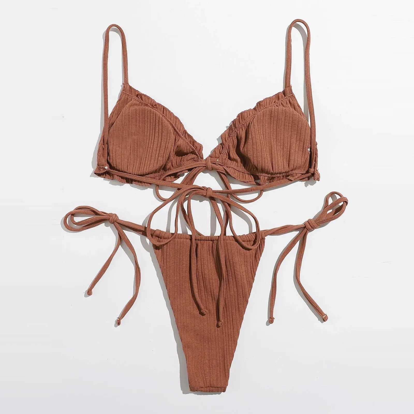 Fashion Woman Summer Bikini Set Solid Color Bandage Stretch Swimsuit 2024 New Swimwear Mini Thong Bikini Fa Bathing SuitXJ241212