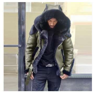 Men's Faux Leather And Plush Thickened Fur One-Piece Short Zipper Hooded Men's Coat