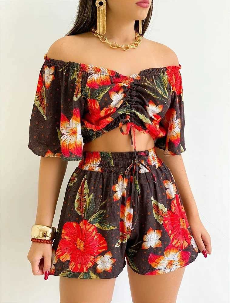 Women's Two Piece Pants Sexy Off Shoulder Slash Neck T-shirt Shorts Set Office Lady Floral Print Lace Up Short Slve Two Piece Set Women Outfit 20