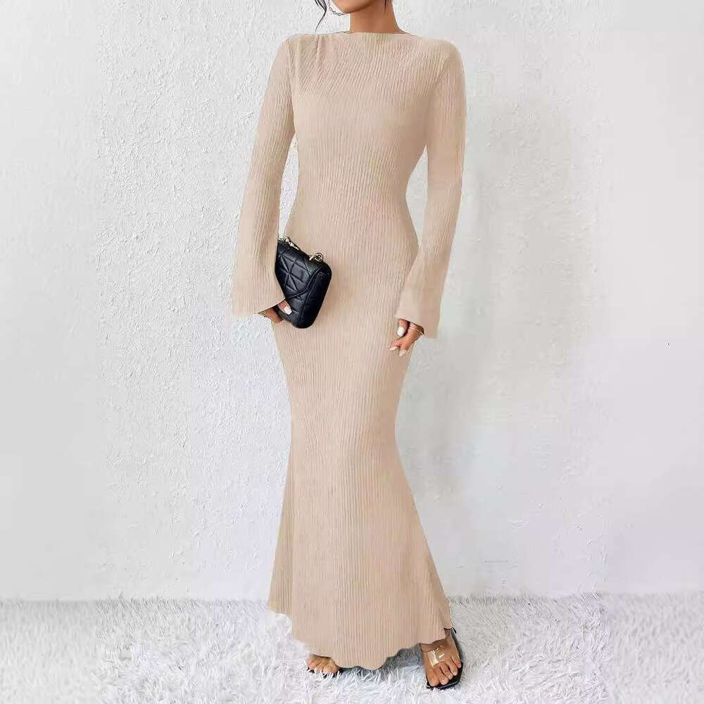 European American style 2024 autumn and winter new women's fashion round neck trumpet long sleeved slim fit hip hing dress for women