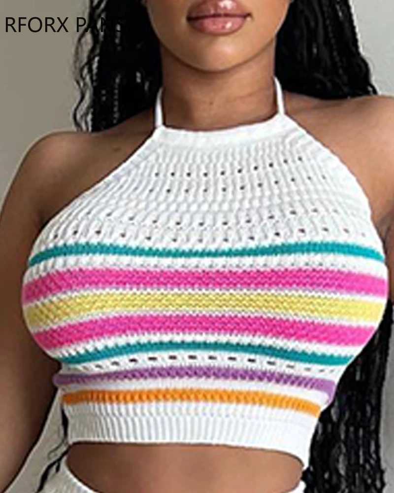 Women's Two Piece Pants 2024 Women Halter Colorful Slveless Elastic Waist Drawstring Bottom Mini Sexy Sweat Knitting Short Sets Y241213L4EP