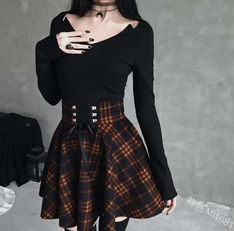 High School Fresh College Style Women's Checkered Irregular With Woven Straps, Waist Cinching And Slimming Effect, Large Skirt Skirt, Fashionable