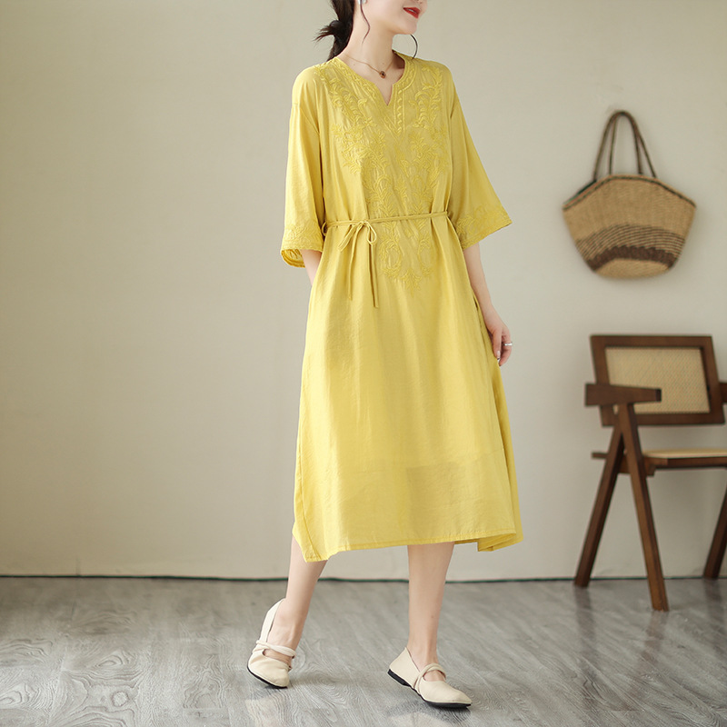 G826 Real shot linen embroidered dress summer loose large size short-sleeved cotton and linen bottoming skirt women's mid-length