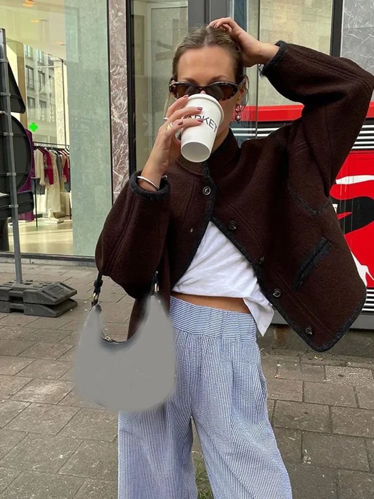 Retro Chocolate Stand Collar Wool Blend Coat Women Chic Single Breasted Long Sleeve Pocket Jacket Lady Commute Streetwears 241213