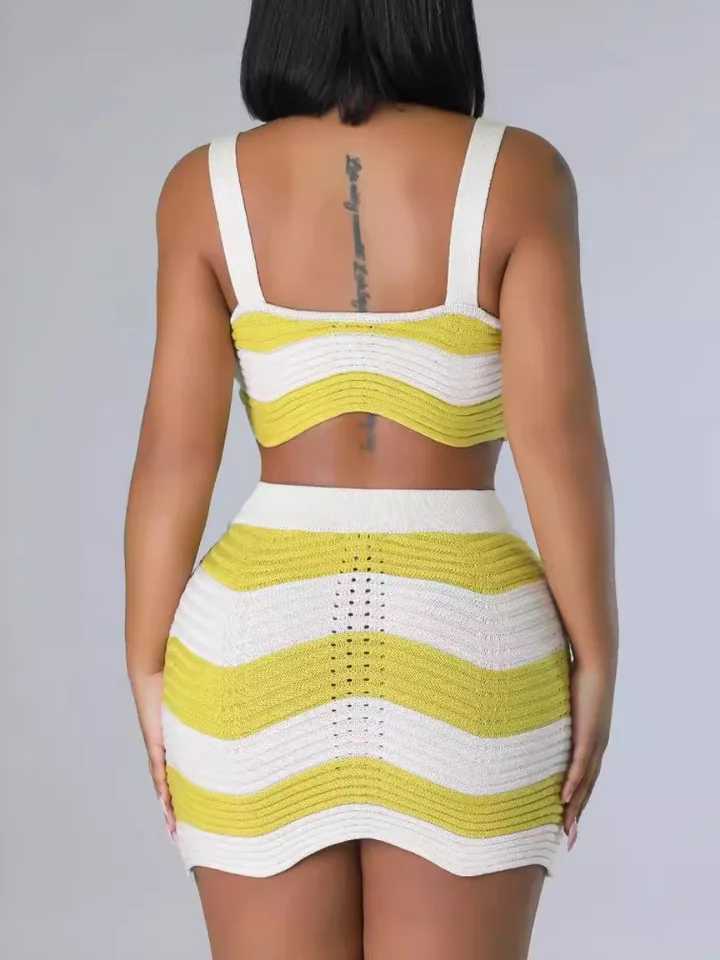 Women's Two Piece Pants LW Scalloped Mesh Striped Skirt Set summer 2pcs Fashion Outfits slveless crop top Tank + mini skirt sets women Matching Y