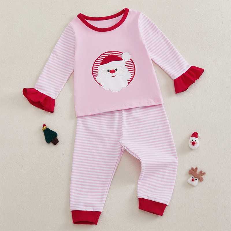2-piece holiday long sleeved Santa Claus T-shirt for toddlers and girls paired with striped pants to celebrate Christmas W241213