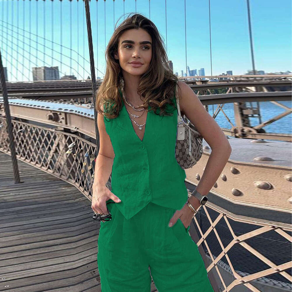 Women's Summer New Cotton And En Sleeveless Vest Casual Fashion Straight Leg Pants Two-Piece Set