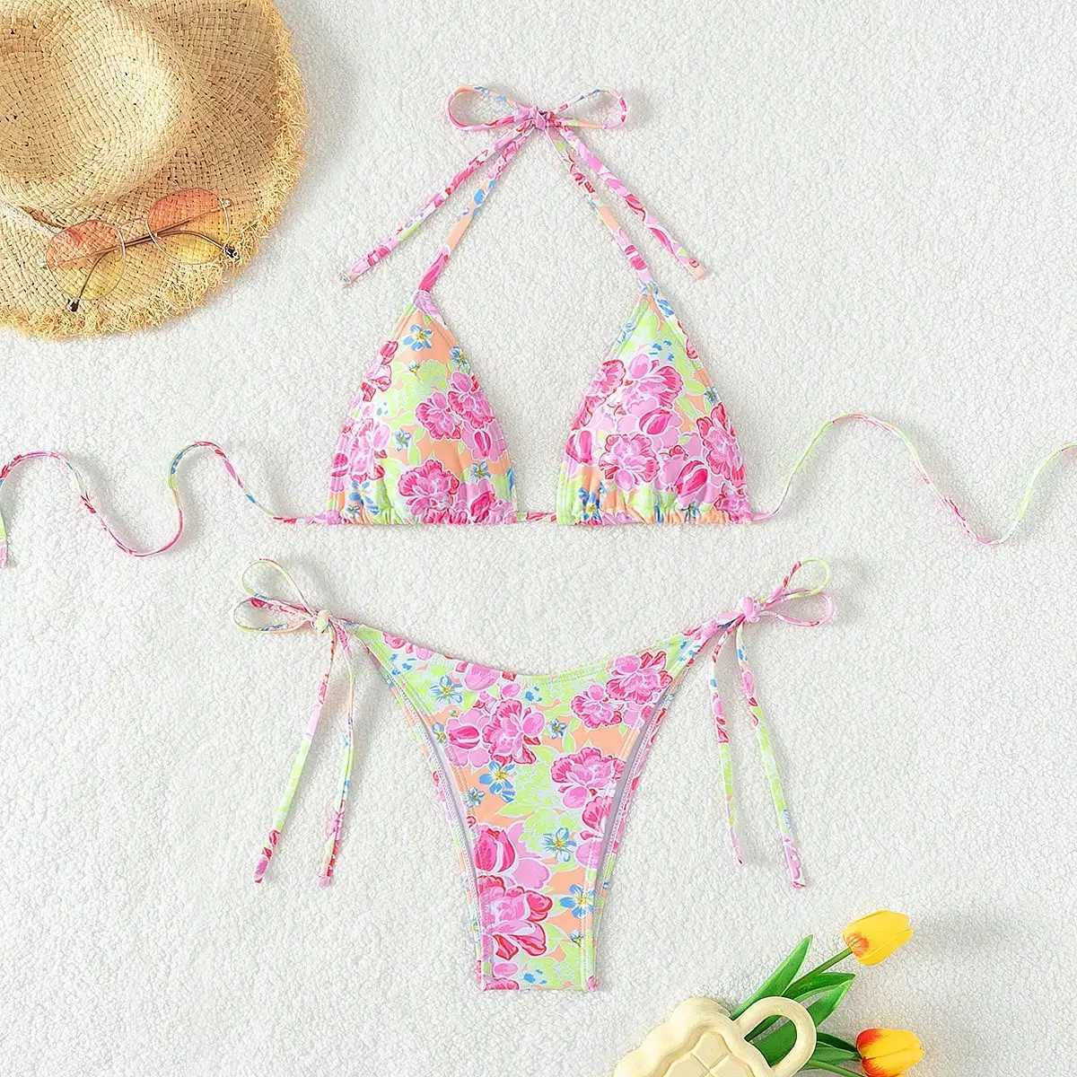 sexy swimwear women printed triang cup bra neck strap side Fa beach set strap bikini suitXJ241212