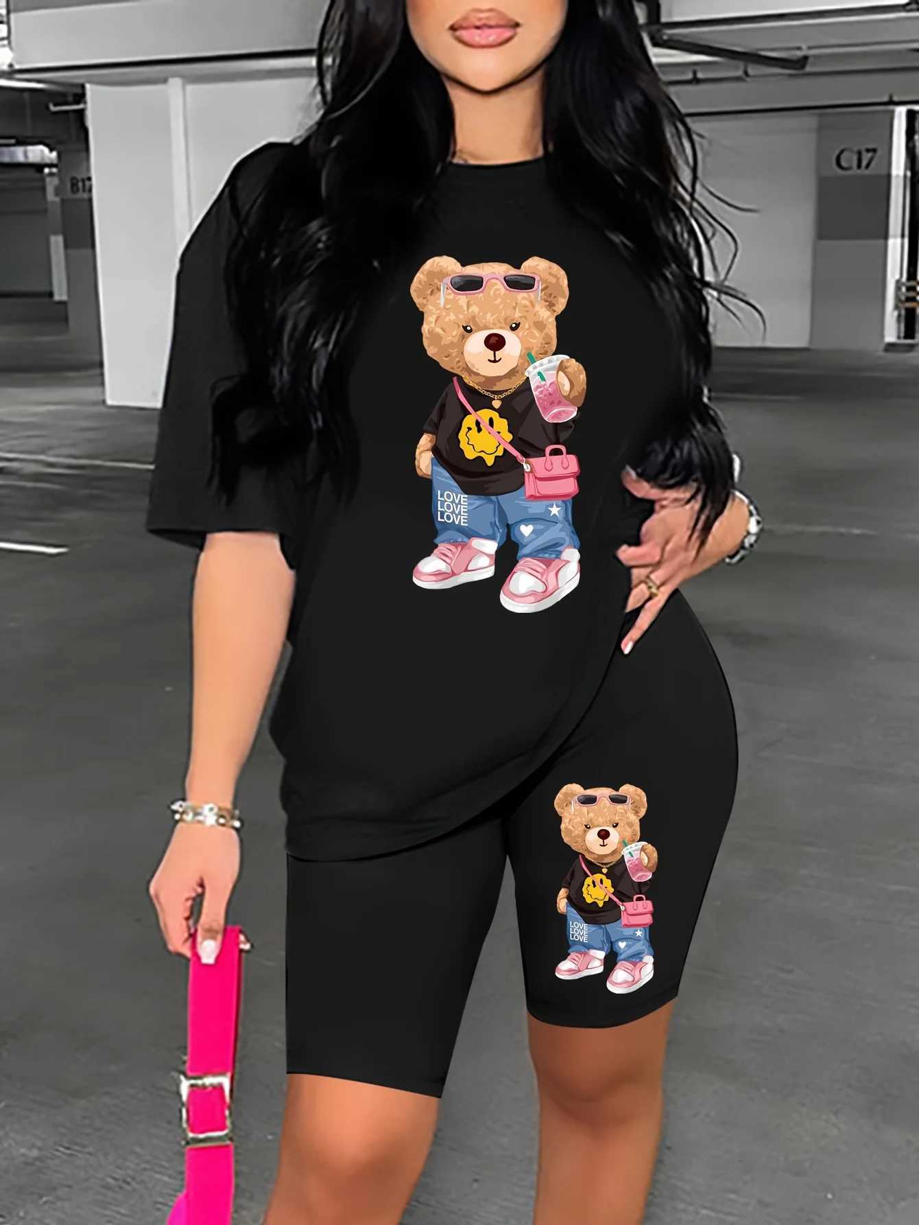 Women's Two Piece Pants Womens summer casual oversized BEAR cartoon print loose round neck short slved T-shirt+shorts two-piece set Y241213HU2T