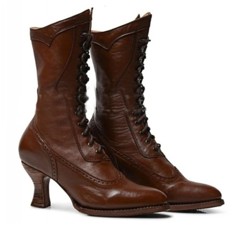 British Punk Women Shoe Retro Knight Boot Medieval PU Leather Ankle Boot Fashion Lady Cosplay High Heel Shoe Womens Boots 241213