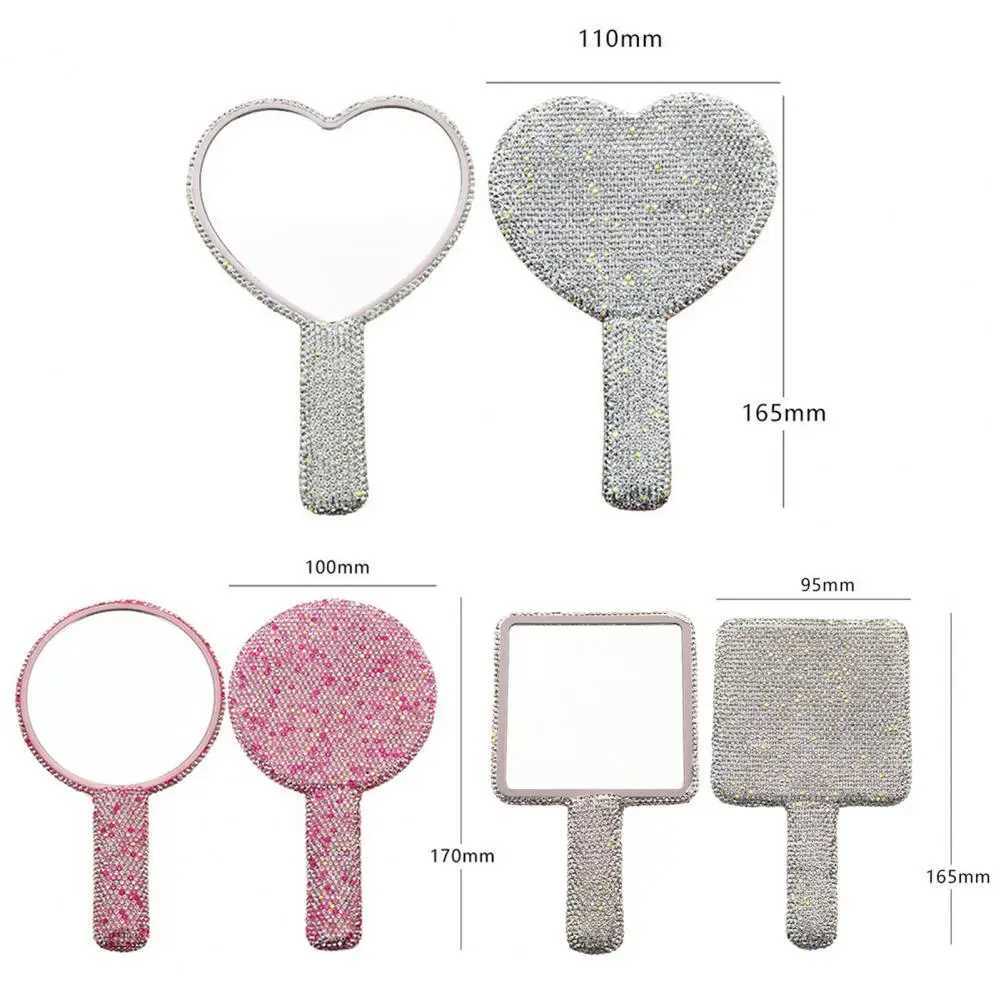 Makeup Mirror Glitter Rhinestone Decor Square Round Heart Shaped Handheld Mirror Women Girls Cosmetic Hand MirrorXJ241213