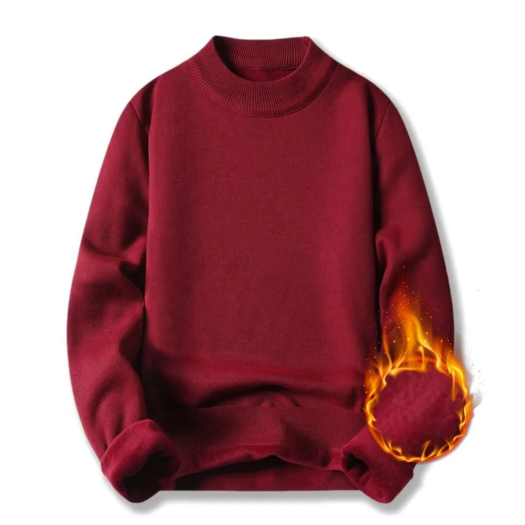 autumn and winter mens thick warm round neck sweater with wool lining solid color knitted casual base 241213