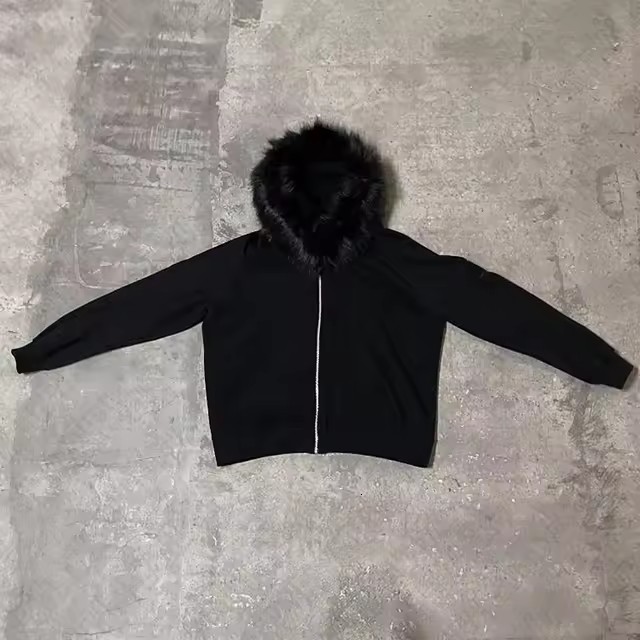 Y2k Retro Black Fur Collar Hoodie Mens Winter High Street Loose Warm Two Piece Set Oversized Street Clothing Ropa Hombre 241121