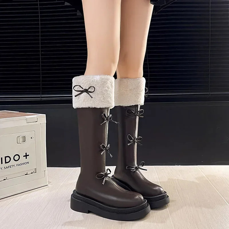 Womens leather velvet knee high boots winter fashion bow platform knight boots womens fashion cross series Botas drone 2024 241213