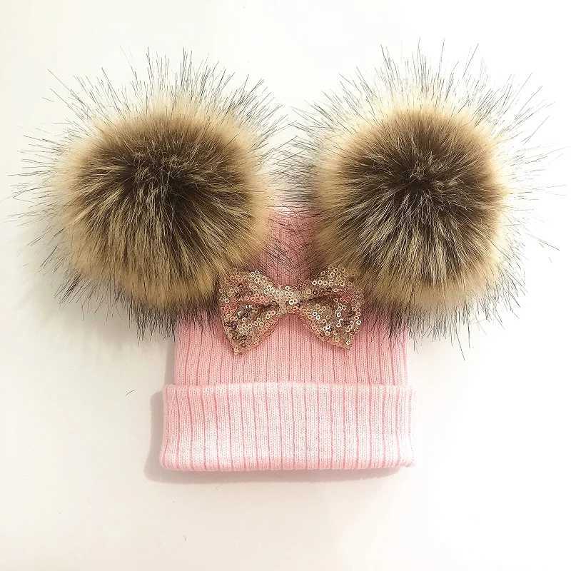 Baby Girl Knit Glitter Bow Knot Double Pompom Hat Faux Fur Winter Cap For Kids Children Beanie BonnetXJ241213