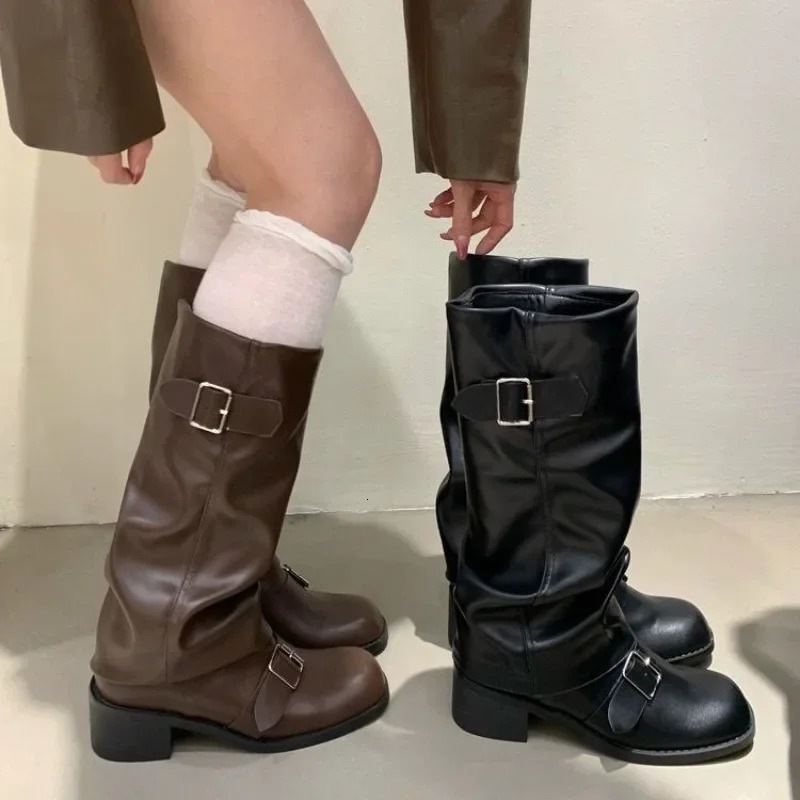 Womens boots knee high platform thick high heels trend punk gothic rock leather fashion womens shoes motorcycle shoes Q221 241213
