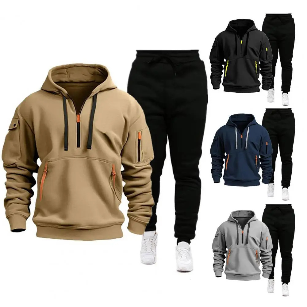 2 piecesset 2024 cotton shoulder hooded sweatshirt mens loose zipper set 241211