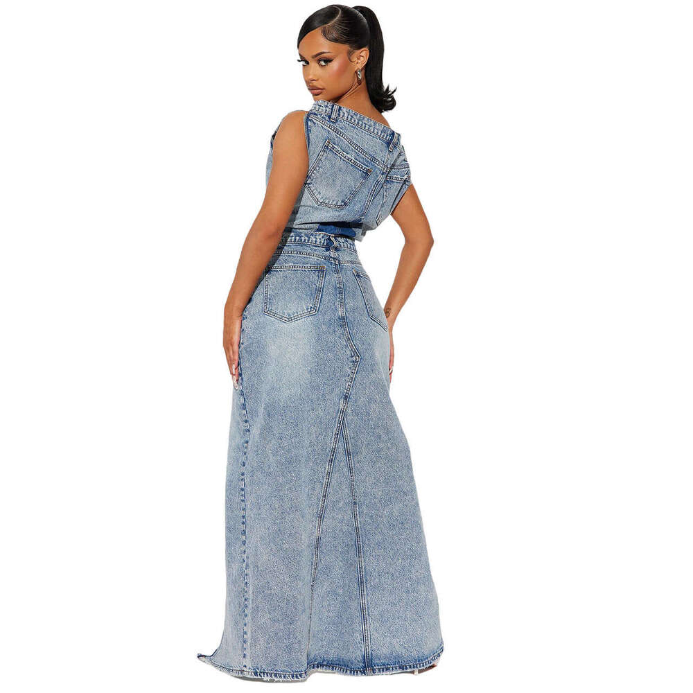 European American New Women's Casual Solid Color Autumn And Winter Retro Split Denim Skirt Two-Piece Set