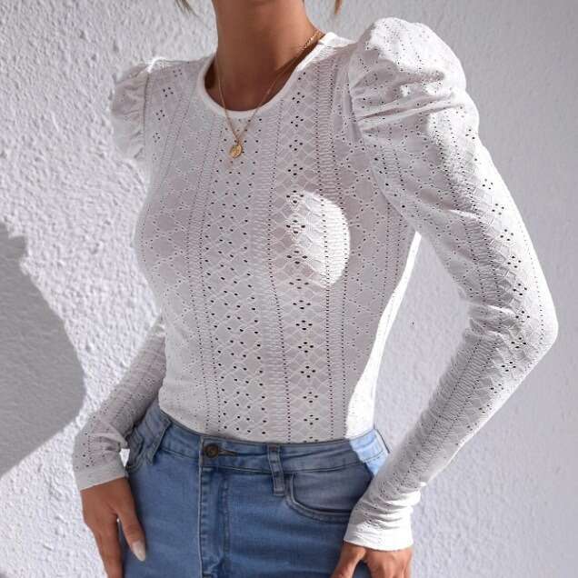 2023 European American autumn and winter new solid color long sleeved jacquard fashionable casual T-shirt
