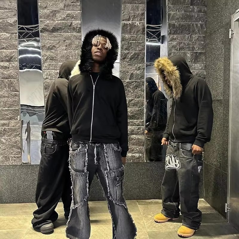 Y2k Retro Black Fur Collar Hoodie Mens Winter High Street Loose Warm Two Piece Set Oversized Street Clothing Ropa Hombre 241121