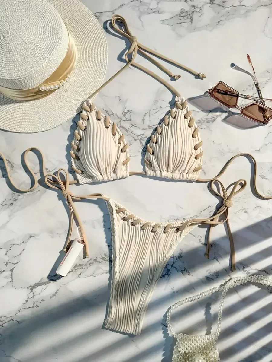 2024 Halter Wrinkd Weave Bikini Women Swimwear Fa Swimsuit Two Pieces Bikini Set Brazilian Bathing Suit Swim Beach WearXJ241212