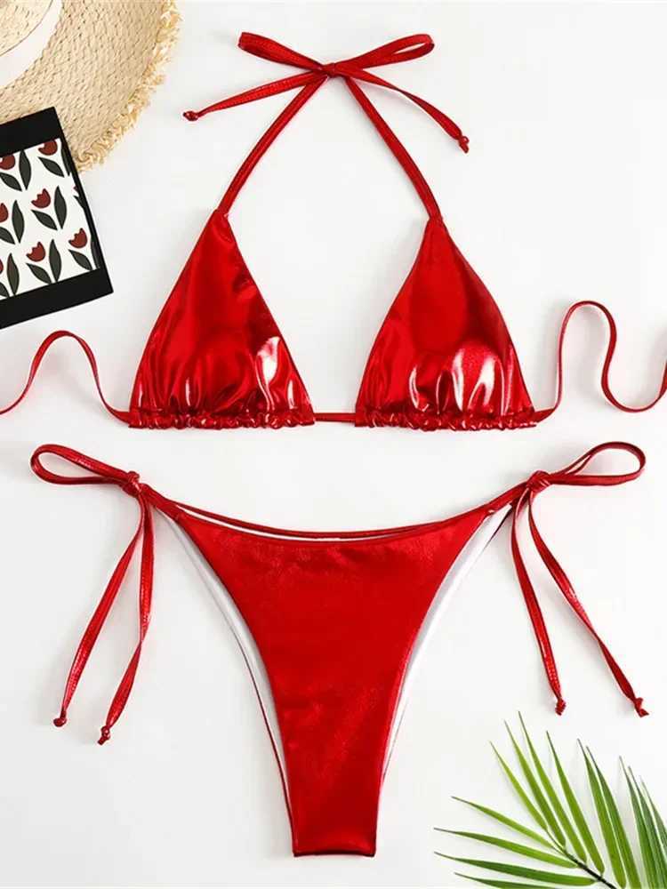 Sexy Brozing Gold Bikinis Sets Women Push Up Micro Bikini Swimsuit 2024 Brazilian Beach Bathing Suit Tie Side Triang SwimwearXJ241212