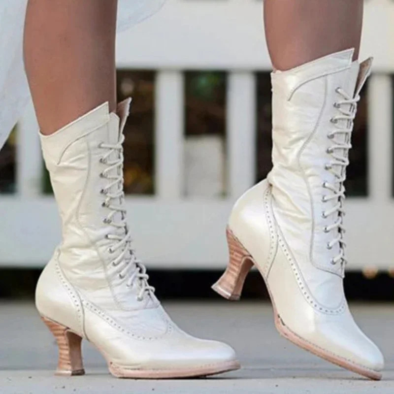British punk womens shoes retro knight boots medieval PU leather ankle boots fashionable womens role-playing high heels Botas Mujer 241213