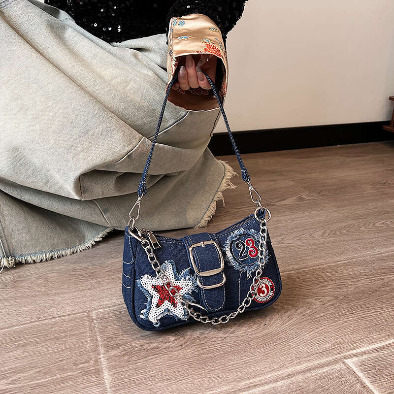 Casual spicy girl style handbag for women internet celebrity sticker embroidered crossbody trendy cool armpit bag 2024 new casual versatile fashion cl