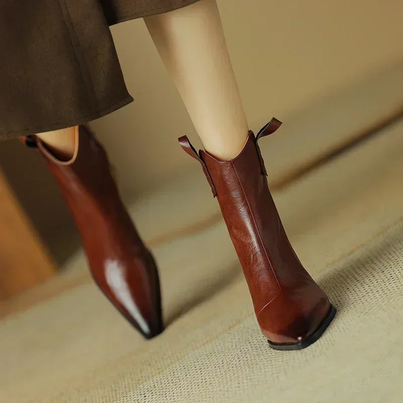 2024 Autumn/Winter Womens Boots Genuine Leather Western style Boots Womens Boots Pointed Toe Chuchea Boots Retro Foot Boots 241213