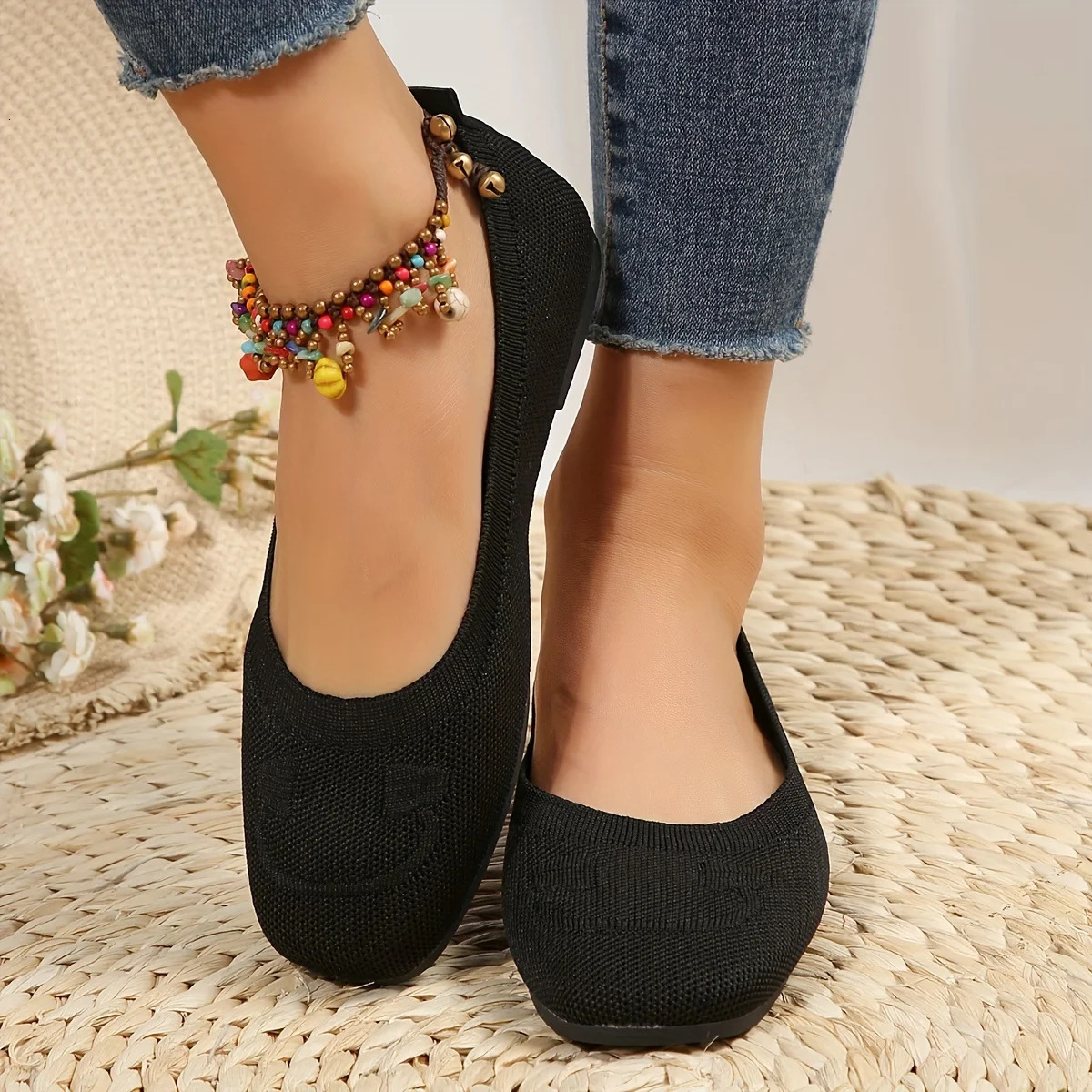 Womens Flat Shoes Solid Color Knitted Slippers Casual Breathable Ballet Soft Shoes Womens Flat Shoes Zapatos De Mujer 241213