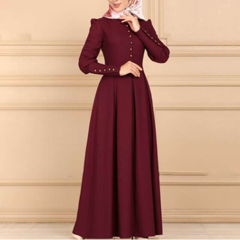 The Intellectual Goddess Has A Round Neck, Sleeved Button Decoration, Simple Versatile Collection Of Cuffs, High Waist, Big Long Skirt, And Dress