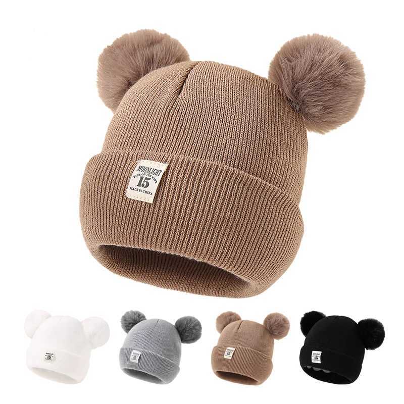 Winter Children Warm Baby Knitted Hats With Pom Kids Knit Beanie Hats Solid Color Childrens Hat For Boys Girls AccessoriesXJ241213