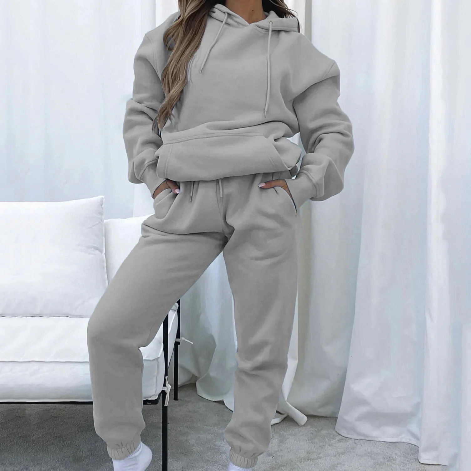 Women Two Piece Sets Tracksuit outfit Hooded Sweatshirts Pocket Drawstring Long Pants Suit Thick Casual Office Lady Autumn 241203
