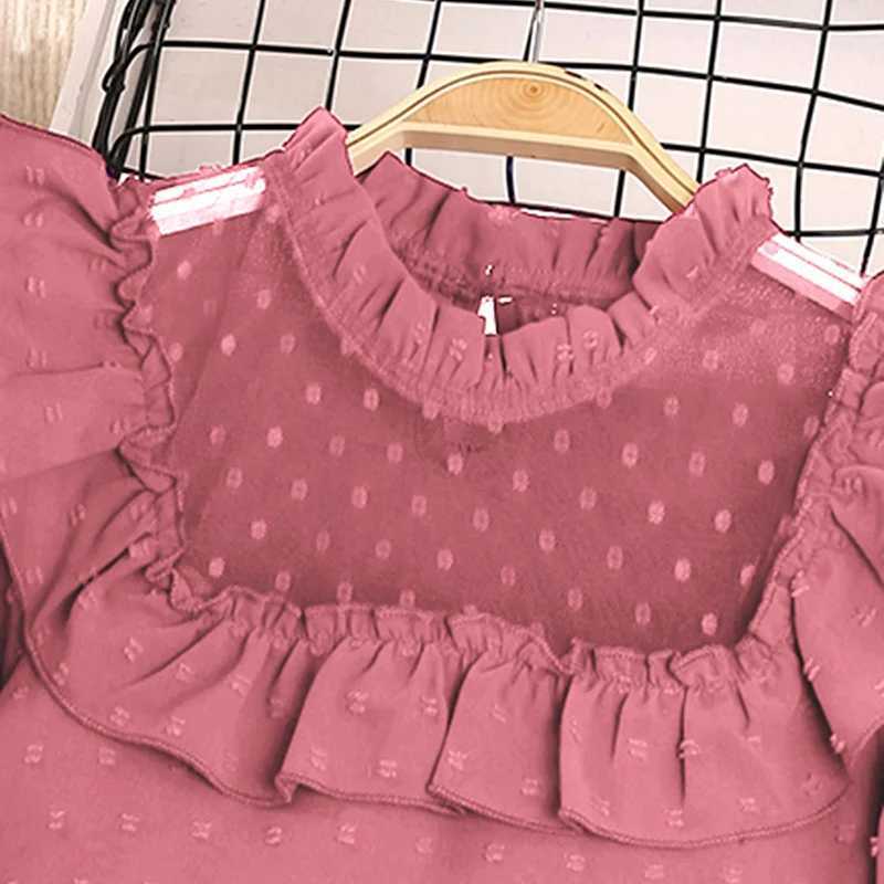 Girls Spring Autumn Suit Solid Color Long Sleeve Lace Hollowed Out Pleated Top And Belt Button Decorated Short Skirt Casual Set W241213
