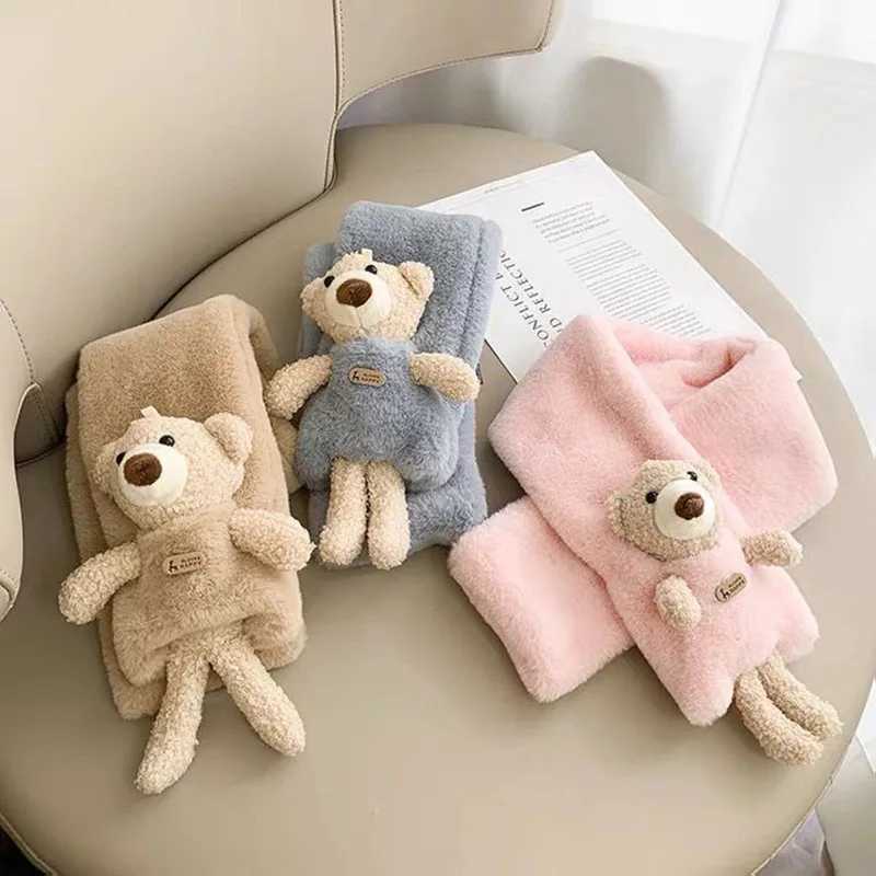Scarves Wraps Cartoon Bear Kids Cross Scarf Winter Plush Children Warm Neck Collar Thicken Faux Rabbit Fur Baby Scarves Boy Girl Neckerchief H241213