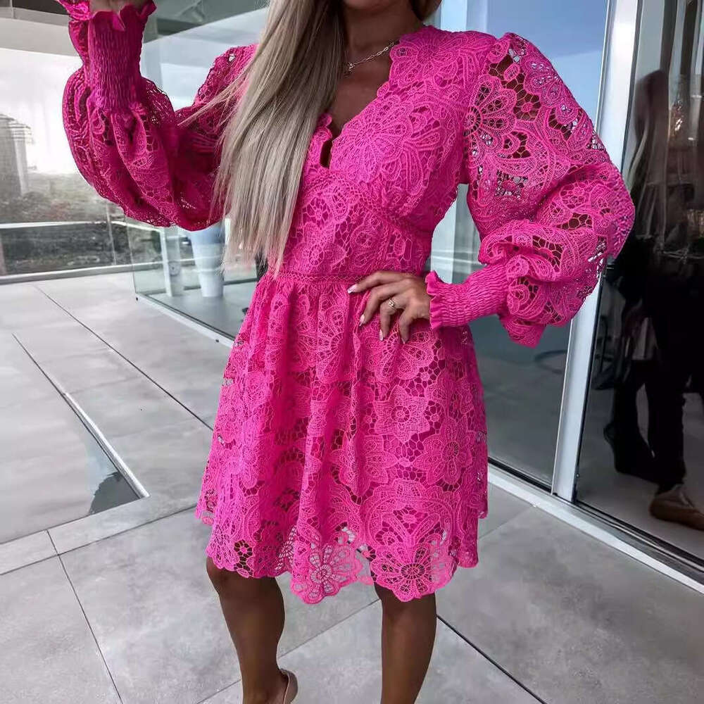 European And American Style Commuting V-Neck Sexy Hollow Lace Dress, Fashionable Quality Classic