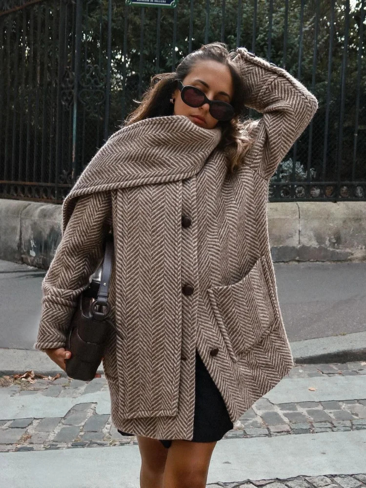 Retro Striped Scarf Collar Wool Blends Jacket Women Chic Pockets Single Breasted Full Sleeve Coat Lady Elegant Outwear 241213