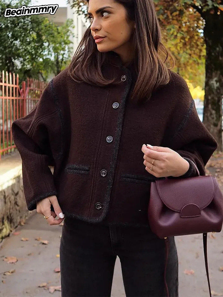 Retro Chocolate Stand Collar Wool Blend Coat Women Chic Single Breasted Long Sleeve Pocket Jacket Lady Commute Streetwears 241213