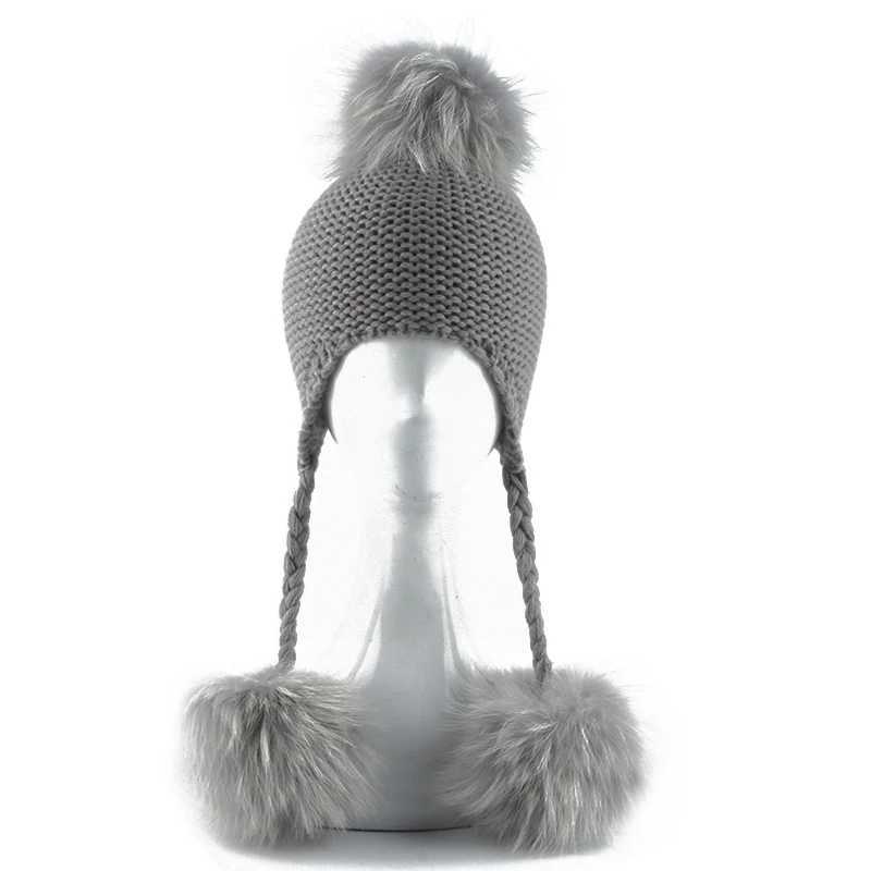 Winter Baby Beanie Hat Children Earflap Cap Kids 3 Pompom Fur Wool Hat Natural Real Fur Pom Hat For Girls BoysXJ241213
